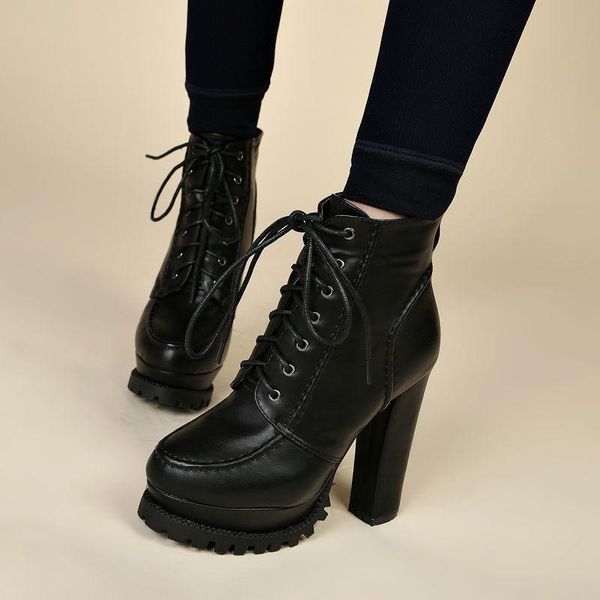

boots korean lace-up wild short plus velvet 13 cm high heel ankle thick with waterproof platform womens, Black