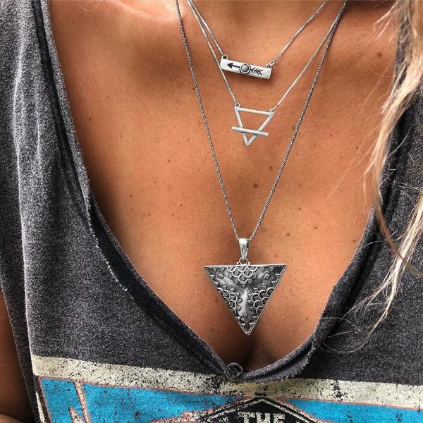 

chains retro arrow triangle pendant necklace vintage ancient silver multilayer for women fashion party jewelry accessories