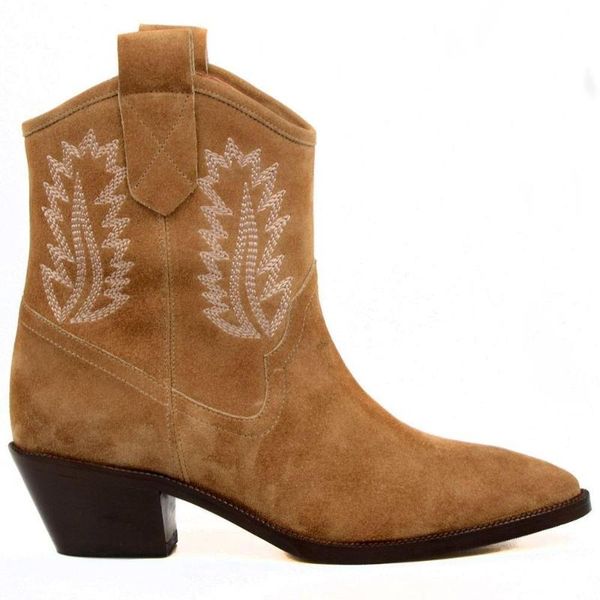 

boots footcourt- suede tan classic western cowboy for women ankle embroidered pointy toe medium heel shoes woman, Black