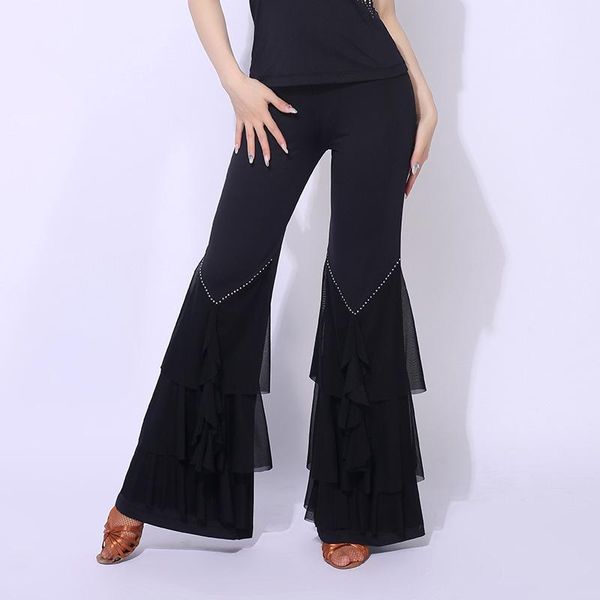 

stage wear 2021 latin dance pants women black fashion flare trousers lady cha samba tango salsa clothes ballroom practice, Black;red