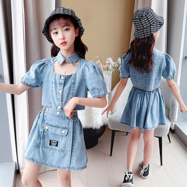 

clothing sets denim kids set casual children two piece suit solid blue jeans +shorts teenage girl spring summer tracksuit, White