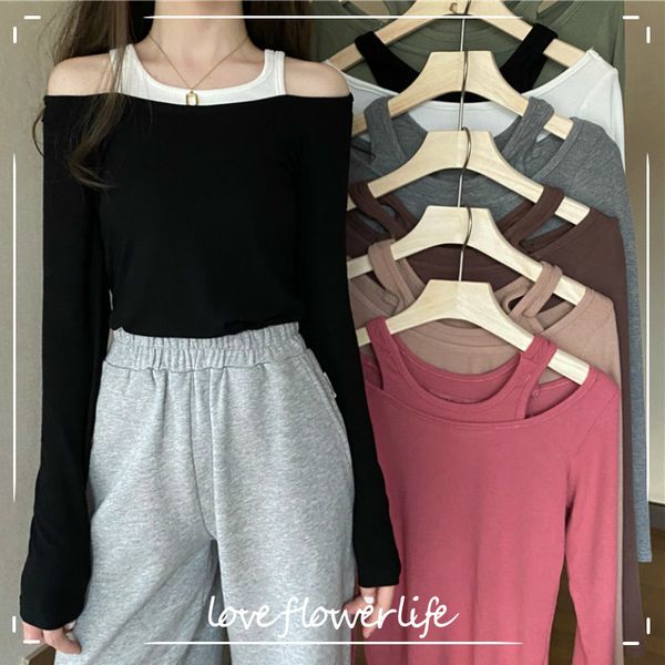 

off-shoulder tshirts women square collar hollow out long sleeve elegant slim shirt korean autumn women's clothing tee 210521, White;black