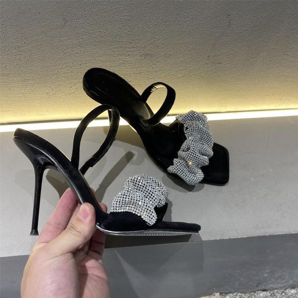 

sandals women modern summer stiletto high heels shoes woman chic crystal sandales femme rhinestones elastic band sandalias 2021, Black