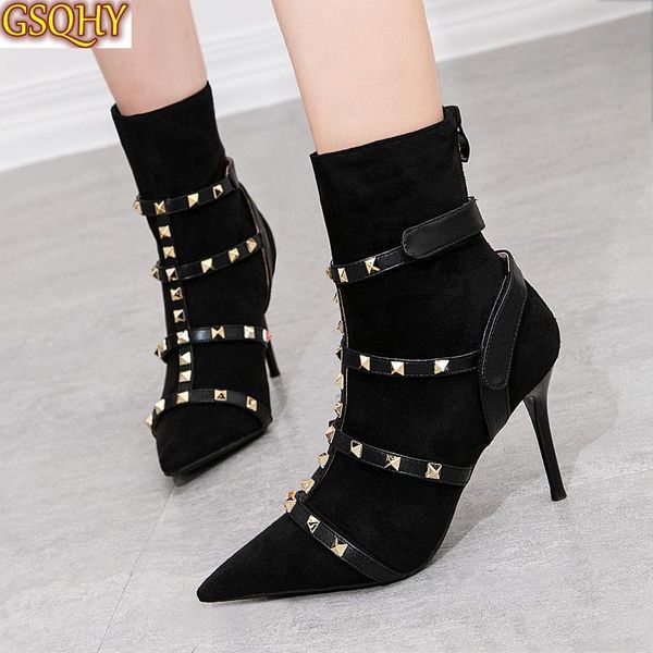 

boots est design luxury women 9cm high heels fetish rivets suede stiletto ankle scarpins studded red knight, Black