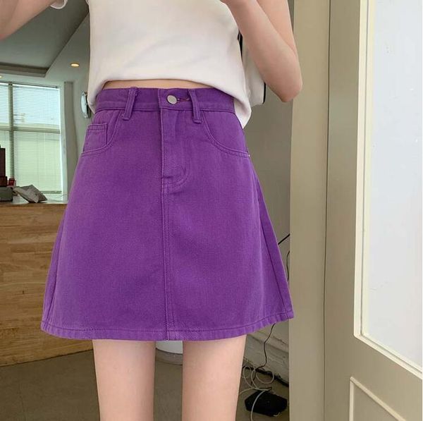 

skirts summer purple retro girl high waist basic casual denim skirt women, Black
