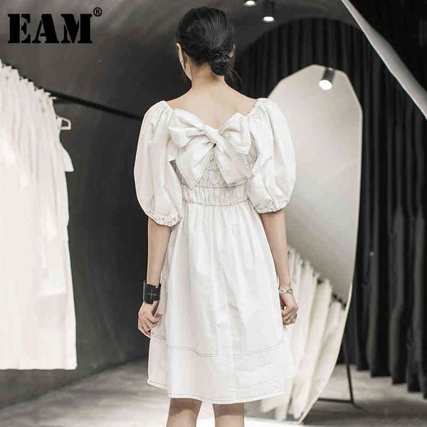 

[eam] women white bandage bow temperament dress round neck puff sleeve loose fit fashion spring summer 1y359 210512, Black;gray