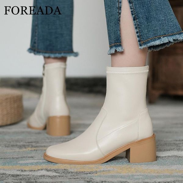 

boots foreada natural genuine leather ankle high heel woman chunky short zipper female shoes autumn black beige