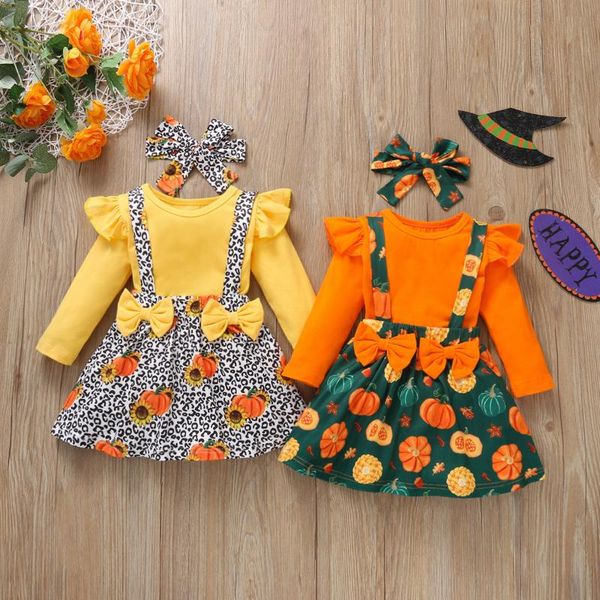

clothing sets halloween born baby girl clothes set ruffle long sleeve t shirt +pumpkin leopard suspender skirt+hairband outfit 0-5 years, White