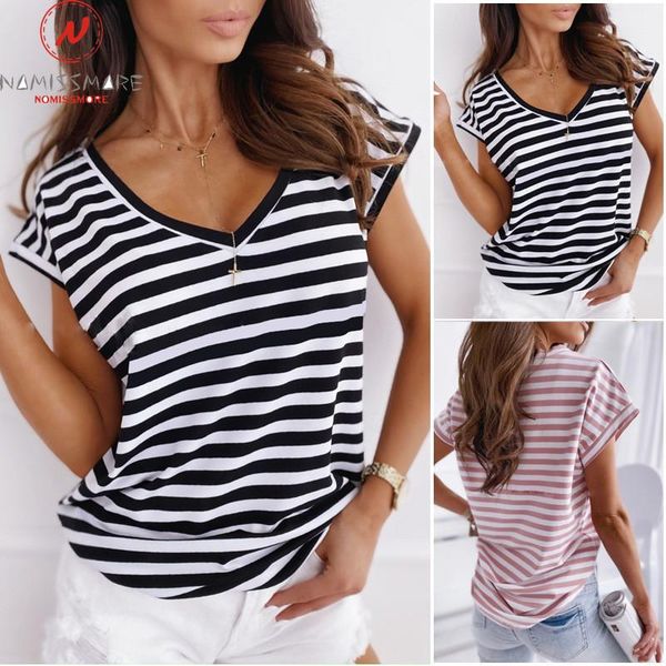 

women's t-shirt women summer striped print t-shirts for streetwear patchwork design v-neck short sleeve casual pullovers top, White
