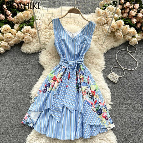 

stripe women dress korean printing irregular ruffle dresses summer lace up slim waist vestidos mujer 6g724 210603, Black;gray