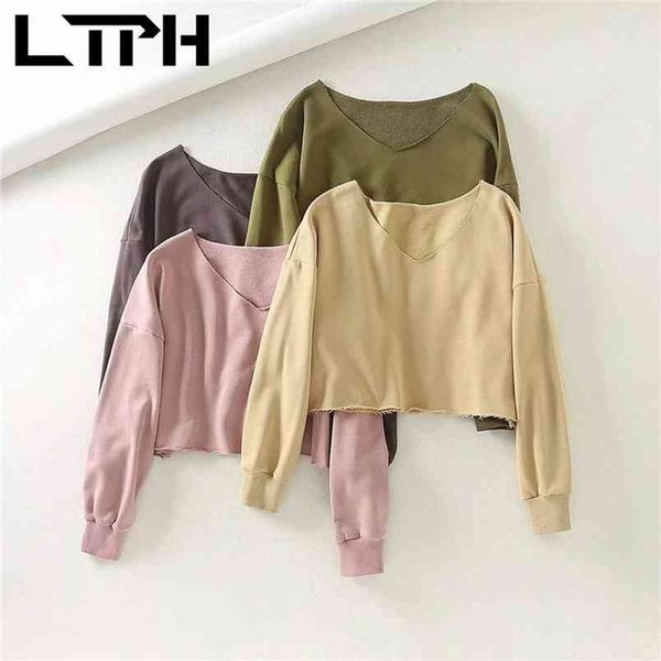 

ltph ins simple v-neck womens sweatshirts pullover fashion loose short burrs sweatshirt casual all-match spring 210423, Black