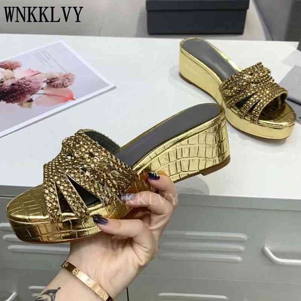 

thick bottom crystal summer shoes women sandals 2021 bling bling rhinestone wedge high heel sandalias girls slippers, Black