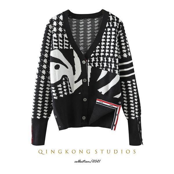 

men's and women's 2021 autumn winter new college style thous bird check knitted cardigan female animal jacquard with tb sweater co, White;black