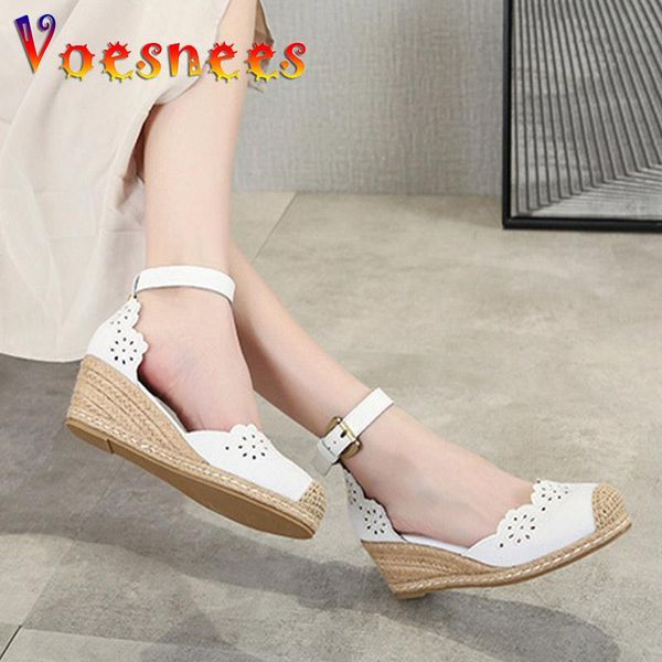 

sandals comfort breathable women summer flock sandal fashion hollow out grass woven baotou wedges shoes 5cm buckle strap fisherman, Black
