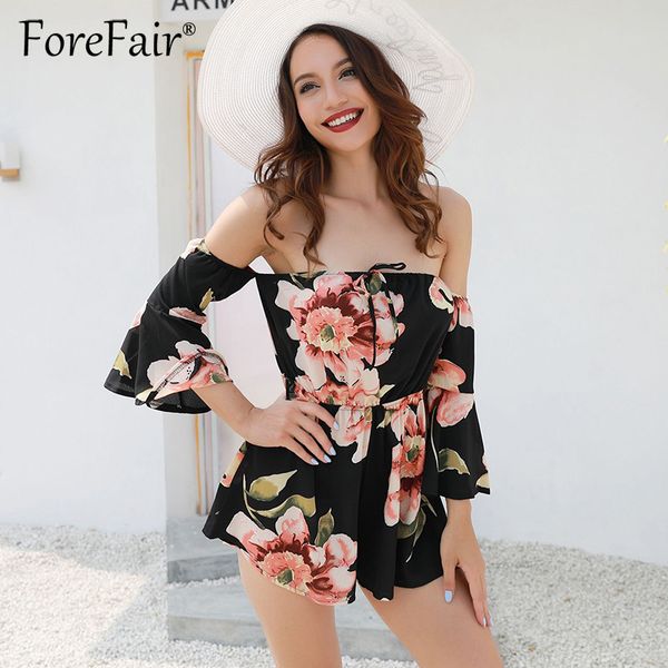 

casual playsuit 2021 floral print boho chiffon rompers women jumpsuit long sleeve slash neck off shoulder playsuit, Black;white