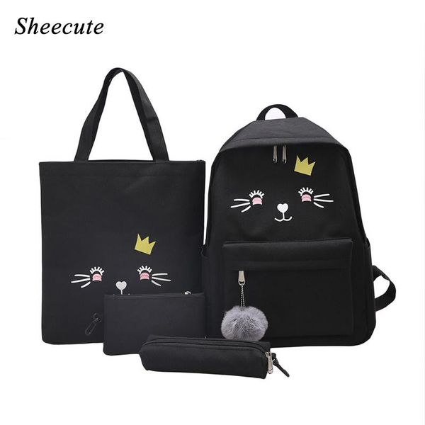 

children school bags student canvas backpack female campus girls cute cat print kids 4pcs/set
