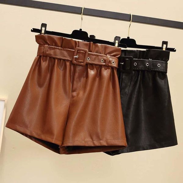 

women's shorts pu leather woman for women feminino elastic high waist belt big large plus size short winter taille haute femme 5xl, White;black