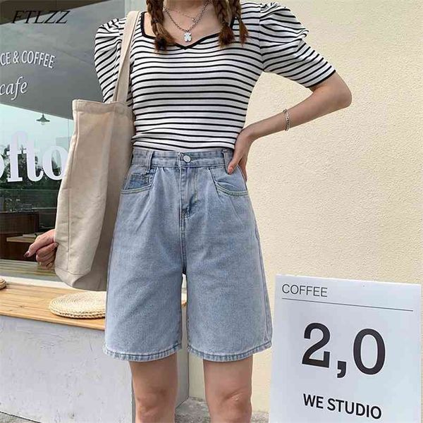 

spring summer high waist retro blue denim shorts streetwear female wide leg loose button ladies jeans 210430, White;black