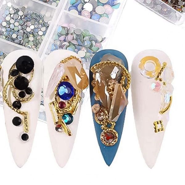 

nail art decorations 6 grids/box rhinestone flat back multicolor various shapes mixed ab glitter crystal decoration manicure, Silver;gold