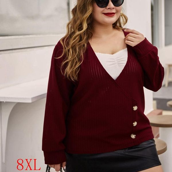 

women's sweaters fall 2021 plus size sweater 4xl-8xl bust 135cm v-neck long-sleeved button casual solid color, White;black