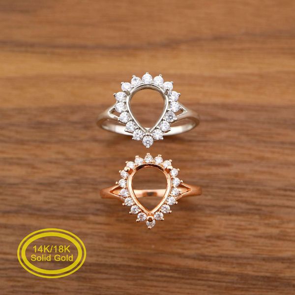 

halo pear prong ring settings solid 14k/18k rose white gold with moissanite accents diy bezel tray for diamond gemstones 1294204, Blue;slivery