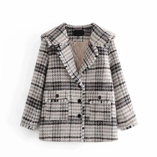 

women's jackets vintage elegant plaid lapel collar coat women fashion pockets single breasted tweed jacket female chic outerwear, Black;brown