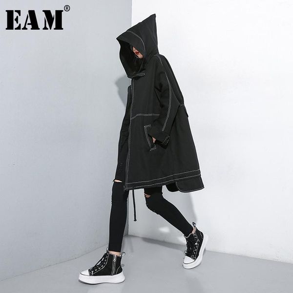 

[eam] women drawstring oversize trench hooded long sleeve loose fit windbreaker fashion tide spring autumn 2021 1a826 women's coats, Tan;black