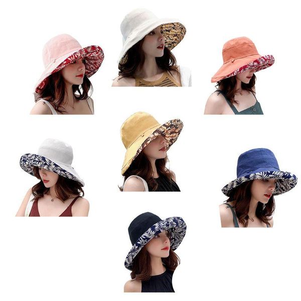 

japanese style womens summer beach cuffed wide brim sun visor hat tropical leaves printing reversible foldable floppy bucket cap hats, Blue;gray
