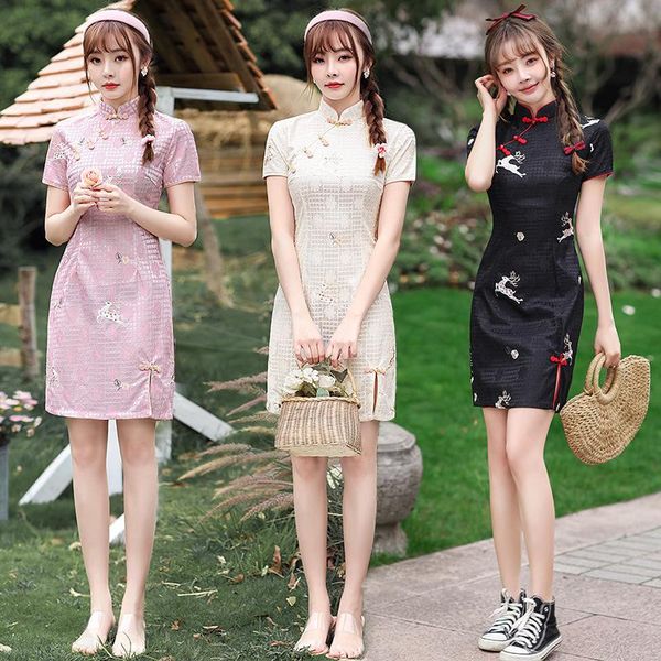 

summer deer sequins embroidery chiffon mini qipao traditional chinese women short sleeve dress daily student cheongsam ethnic clothing, Red