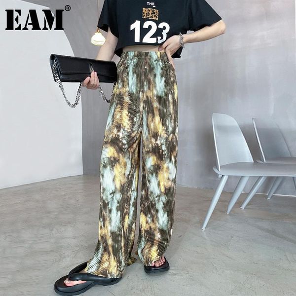 

women's pants & capris [eam] high elastic waist tie dye printed wide leg trousers loose fit women fashion tide spring summer 2021 1de06, Black;white