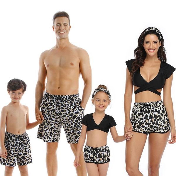 

mom daughter 3 pcs set swimsuit black leopard mommy and me girl swimming suit dad son men beach shorts family look swimwear one-piece s