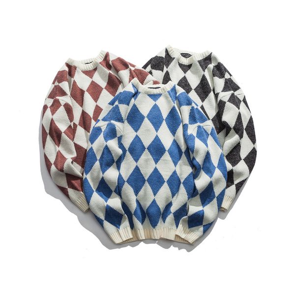 

boutique sweater autumn and winter 2021 plaid men's loose round neck pullover top, White;black