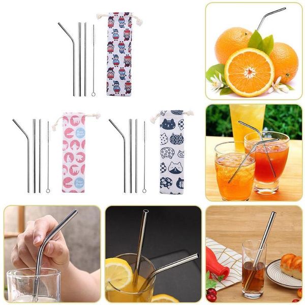 

drinking straws 5pcs/set reusable metal stainless steel straight bent straws+cleaning brush tool bar accessories