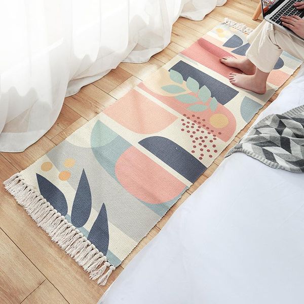 

creative pattern hand-woven floor mat home decor non-slip bedside carpet area rug bedroom tassel cotton long strip rugs carpets