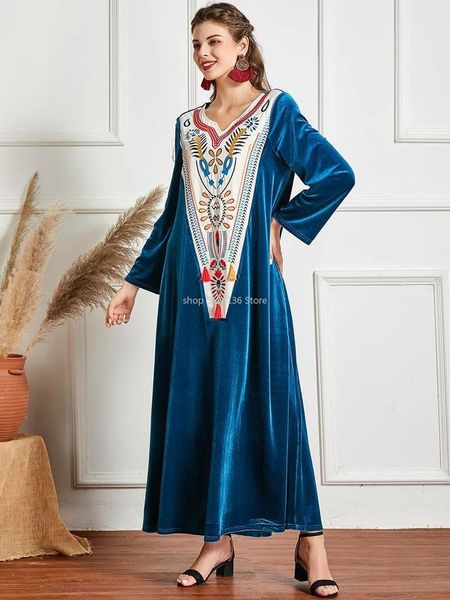 

long sleeve velvet embroidery maxi dress for women winter 2021 elegant muslim dubai arabic moroccan clothes plus size blue casual dresses, Black;gray
