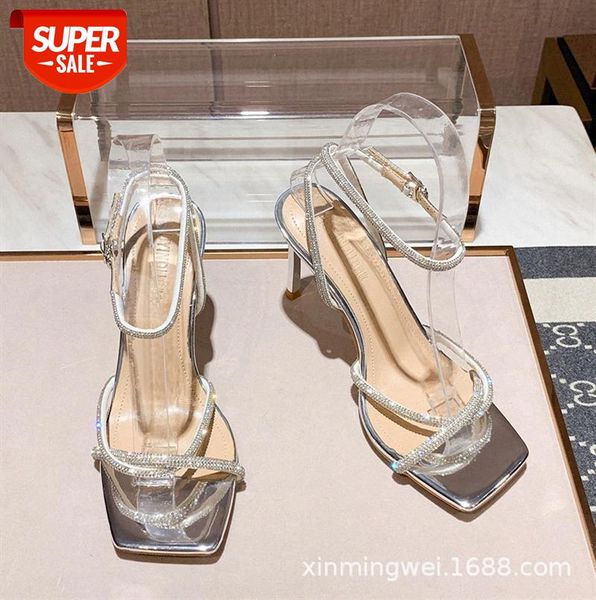 

all-match square toe silver rhinestone buckle high-heeled sandals sweet wind stiletto #lk9t, Black