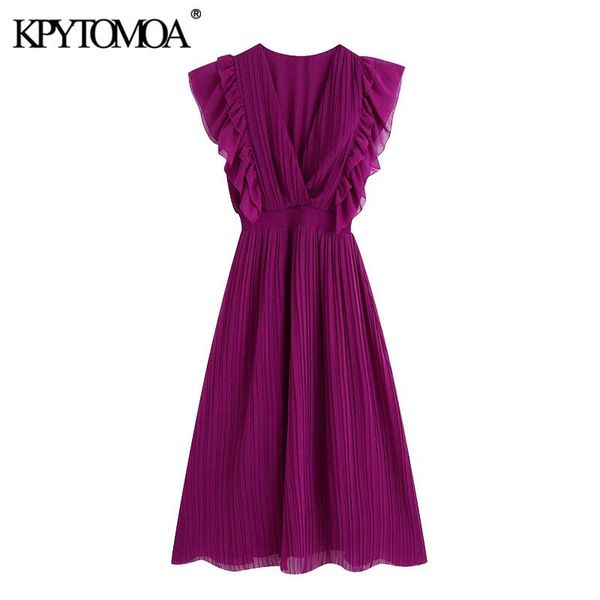 

casual dresses kpytomoa women 2021 chic fashion with ruffles pleated midi dress vintage sleeveless elastic waist lining female vestidos, Black;gray