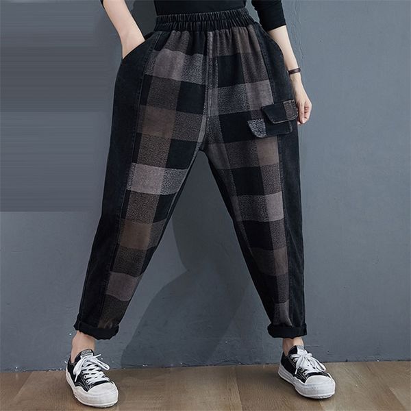 

autumn winter arts style women elastic waist loose casual jeans patchwork plaid denim harem pants plus size m969 210512, Blue
