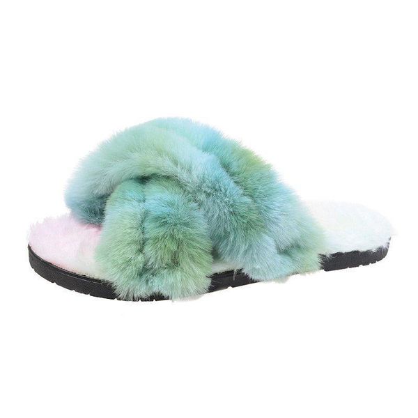 

winter women house slippers faux fur fashion colorful cross vamp furry warm shoes flats female slides cozy home 36-40, Black
