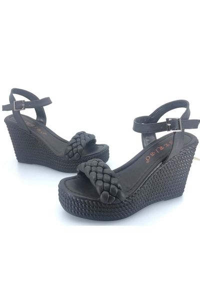 

sandals women's high wedges mesh detailed, Black