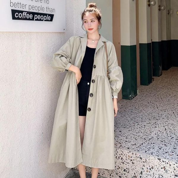 

women's trench coats mid-length windbreaker spring 2021 loose and sweet lantern sleeves cover meat thin coat, Tan;black