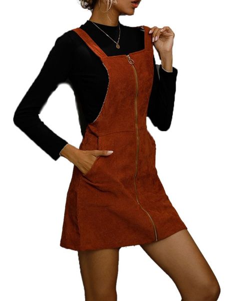 

women strap dress pockets decorated zipper solid color sleeveless spaghetti square collar high waist cotton casual dresses, Black;gray
