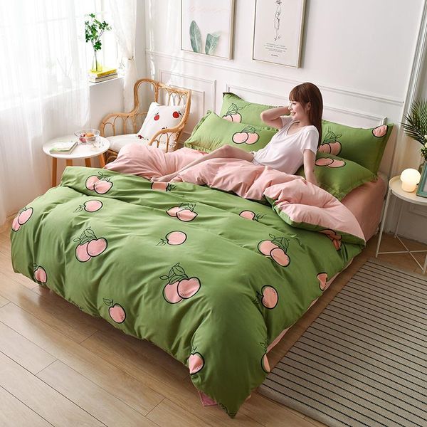 

bedding sets green quilt cover with peaches fitted sheet pillowcase & duvet setssingle full  size