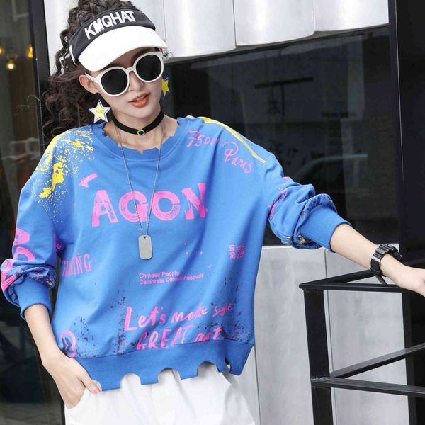 

hoodies women's autumn korean version of the trend printing contrast stitching sweater long sleeves, Black