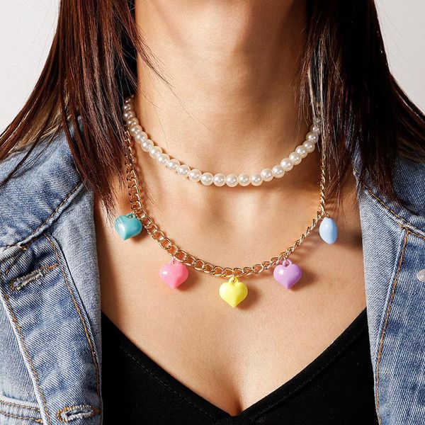 

pendant necklaces kmvexo 2 layers cute colorful love heart necklace 2021 harajuku imitation pearl women summer couple bohemian jewelry, Silver