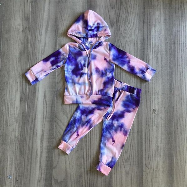

winter spring girls tie dye hoodie pant baby blue pink set, White