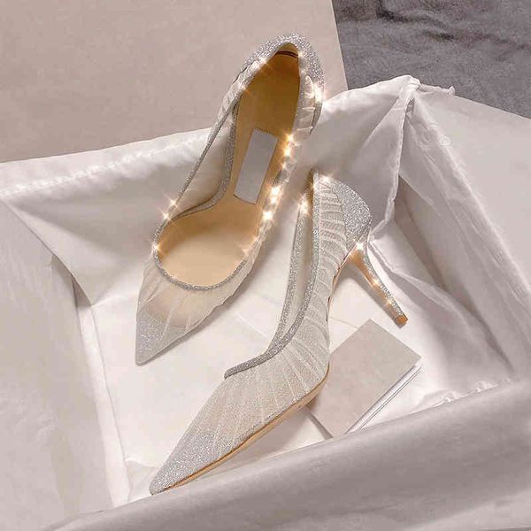 

80% off store online brand bridal shoes women sliver mesh leather lace high heels blingbling wedding woman 7cm 9cm pointed toe pumps, Black