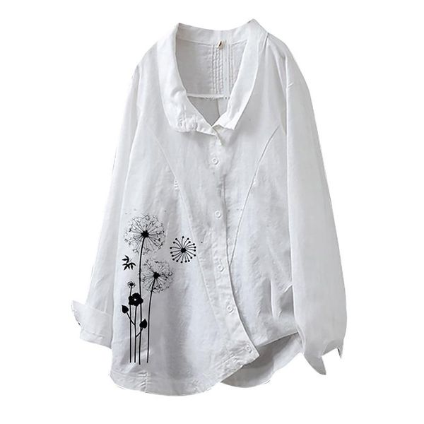 

loose blouse women retro cotton linen ladeis autumn dandelion printing long sleeves shirt ladies oc6 women's blouses & shirts, White