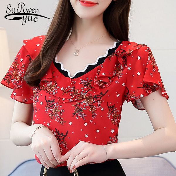 Sommer Mode Süße Frauen Blusen Shirts Floral Kurzarm Rot Schwarz Rüschen Weibliche Dame Tops Blusas 0379 30 210521