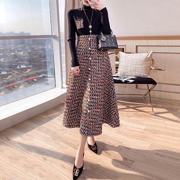 

women's tracksuits designer autumn black long-sleeved knit tweed fashion casual half skirt vintage elegant chic sets, Gray